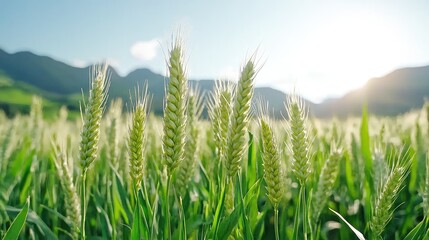 Green wheat field, mountain backdrop, sunny day, agriculture