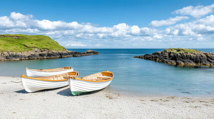 Obraz premium Three white wooden boats on a sandy beach by the sea, sunny day. Possible use for travel brochures or tourism marketing