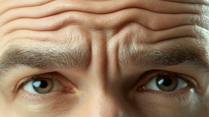 A close-up of a man's forehead showing prominent wrinkles and expressive eyes, conveying emotions of concern or contemplation.