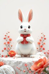 there is a white rabbit with a red scarf on a cake