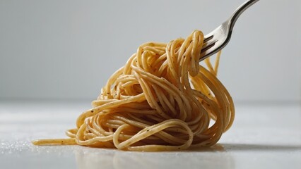 Single Strand of Perfectly Cooked Spaghetti Twirled Around a Fork Against a Neutral Background for Culinary Delight. Generative AI