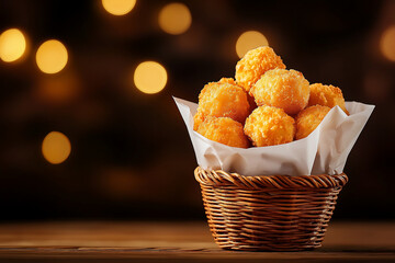 Crispy fried balls in woven basket, perfect for sharing at gatherings. warm golden color and festive background create delightful atmosphere