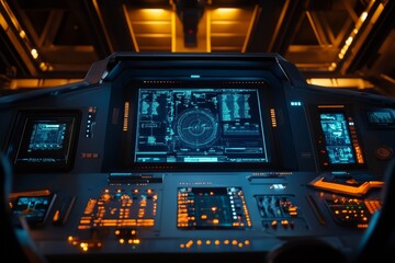 Fototapeta premium Futuristic Spaceship Cockpit Interior: Advanced Technology and Navigation System