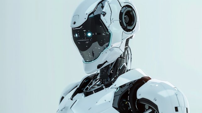 A close-up of a futuristic robot's head with a visor and blue lights.