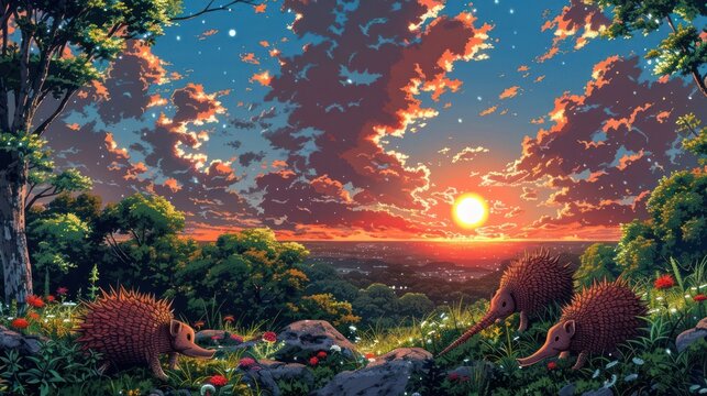 A scenic sunset landscape with two echidnas amidst vibrant flora.