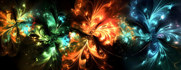 Fototapeta premium Colorful fractal flowers, dark background