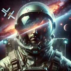 A space explorer wearing a sleek, transparent helmet, with a reflective visor that mirrors the nebulae in the background