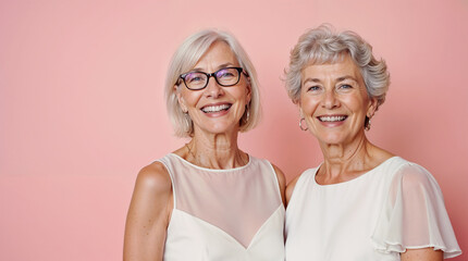 two happy woman with smiles on their faces in white wedding dress on pure pink background