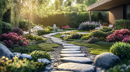 Obraz premium The winding stone path is bordered by colorful blooms, creating a harmonious blend of nature and design in this enchanting garden