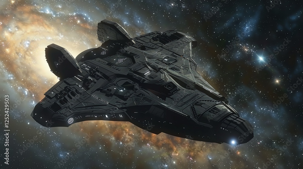 Canvas Prints a futuristic spaceship flies through a starry nebula.