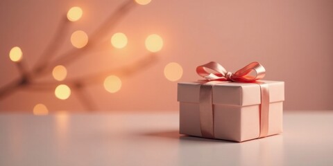 Obraz premium A Delicate Pink Gift Box with a Rose Gold Ribbon, Set Against a Softly Lit Background