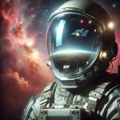 A space explorer wearing a sleek, transparent helmet, with a reflective visor that mirrors the nebulae in the background