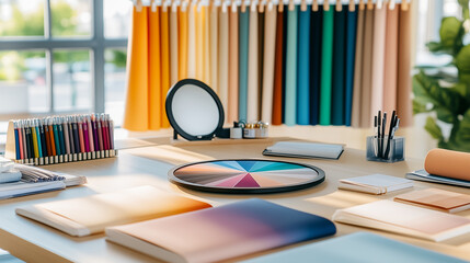 An organized table with notebooks, pens, samples of materials and paints, and a color wheel is ideal for brainstorming and planning projects for a designer or stylist.