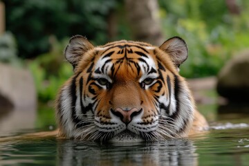 Fototapeta premium Majestic tiger swimming in a pond with green vegetation background. For print
