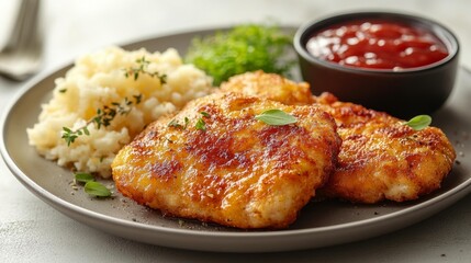 Delicious crispy fried fish fillet with mashed potatoes and ketchup on a plate. Generative AI