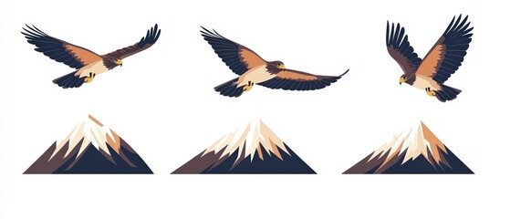 Fototapeta premium Vector Illustrations of Birds in Flight and Mountains in Flat Style for Creative Projects and Design Purposes