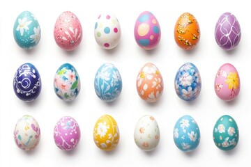 Colorful Easter eggs arranged on white background (1)