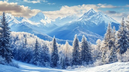 Majestic Winter Wonderland: Snow-Covered Mountains and Frosty Forest