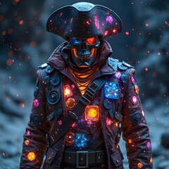 A futuristic space pirate, wearing a patchwork outfit made from glowing, celestial materials that change colors based on the stars