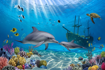 Fototapeta premium A gentle dolphin swimming alongside her baby in a crystal-clear blue ocean near a vibrant coral reef.