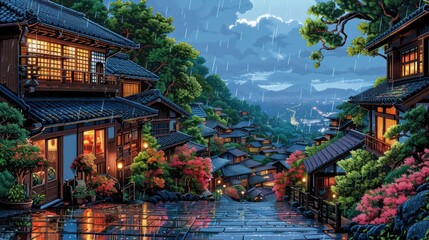 Fototapeta premium A serene, rainy night in a traditional Japanese village, showcasing beautiful architecture and nature.
