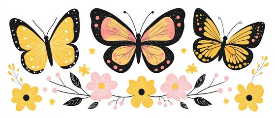 Fototapeta premium Colorful Vector Butterflies and Flowers in Flat Style for Creative Floral and Nature Designs