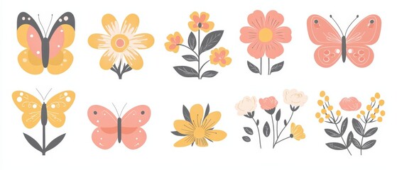 Obraz premium Set of Vector Illustrations of Flat Style Butterflies and Flowers in Bright Colors for Graphic Design Projects