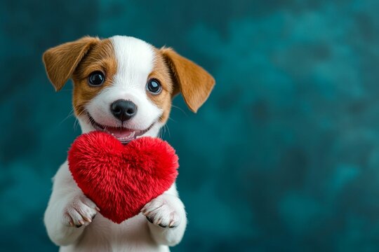 Pointer - my preferred dog. Cute pointer pooch with fluffy red heart - emblem of love, funny greeting card. Marketing creative design. Love and pet moments. Pet love photo ideas. Puppy love.