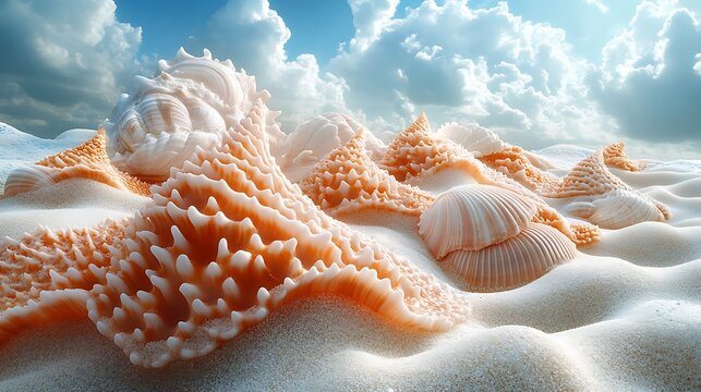 Textured grains of sand forming ripples around striking sea creatures and shells under the blue sky