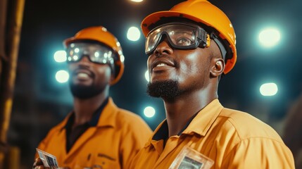 Two African Male Workers in Safety Gear at a Construction Site, Smiling and Engaged While Conducting Operations Under Bright Industrial Lighting