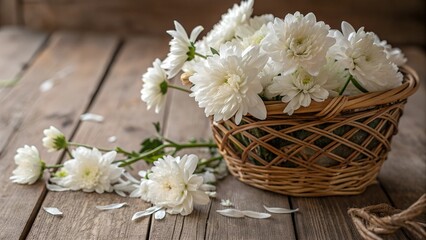 Obraz premium White Flowers in a Wicker Basket on Wooden Table 