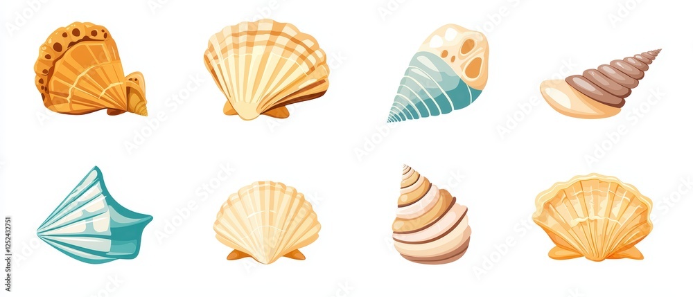 Wall mural set of flat vector illustrations of various shells in distinct styles for creative projects