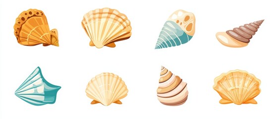 Obraz premium Set of Flat Vector Illustrations of Various Shells in Distinct Styles for Creative Projects