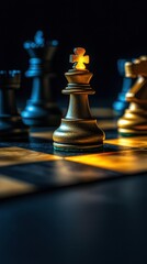 Close-Up of a Golden King Chess Piece Against Dark Background with Reflected Light Effects