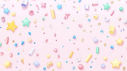 Pastel Shapes and Stars Scattered on Pink Background