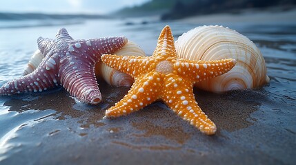 Serene low tide moment with wet sand showcasing an artistic display of starfish and marine shells