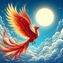 Mythical Phoenix Bird with Flaming Wings Flying Towards the Sun