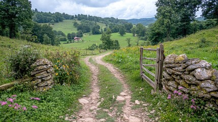 Obraz premium Winding dirt path leads through an open wooden gate and stone walls into lush green rolling hills under an overcast sky.