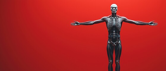 Human Body Anatomy Model with Visible Muscles and Skeleton Against Bright Background