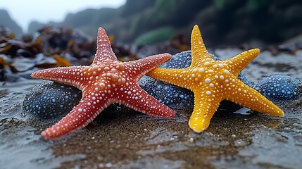 Low tide discovery featuring intricate seashells and lively colored starfish resting on fine coastal sand