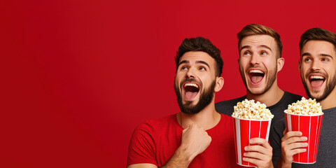 Three excited young men holding popcorn, smiling against a vibrant red background, perfect for a fun movie night or celebration.