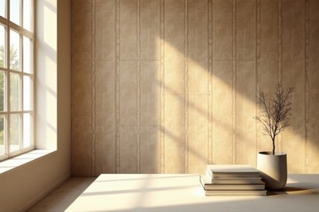 Serene Minimalist Interior Design with Sunlight Streaming Through Window, Accented by Stack of Books and Dried Plant in Pot