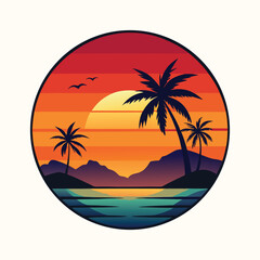  Abstract colorful summer beach, palm tree, retro, 80s style logo vector illustration 