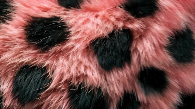 Close-up view of a plush fabric with pink and black spotted pattern ideal for costume or accessory design