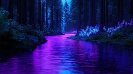Enchanting moonlit forest stream, glowing plants, serene night scene, fantasy backdrop