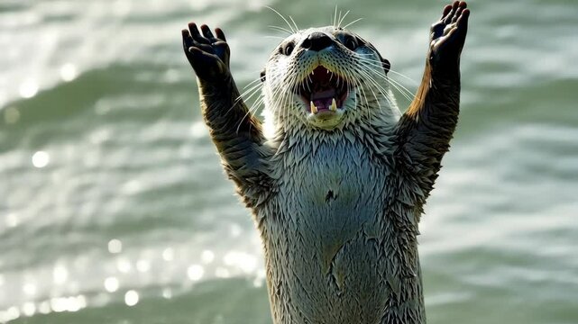 Playful sea otter with raised paws enjoying the sun at a coastal area in the afternoon