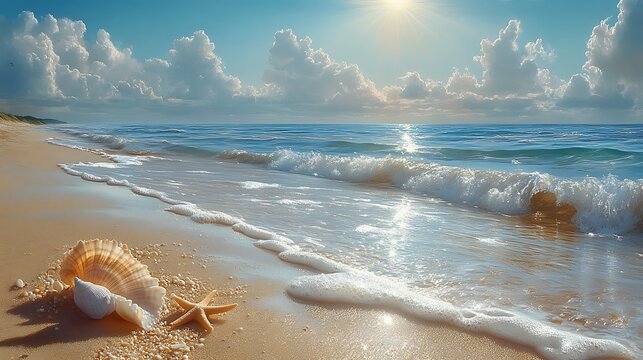Sun soaked beach with marine life wonders including scattered starfish and beautiful seashells on golden sand