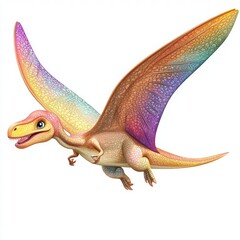 Fototapeta premium Colorful Flying Pterosaur with Rainbow Wings in a Whimsical Prehistoric Landscape