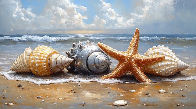 Beachcombing delight with starfish and shells resting on sparkling sand reflecting the mid day sun
