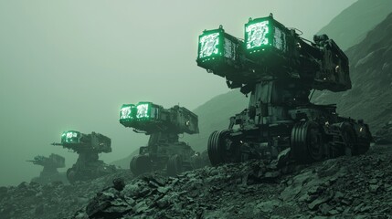 Futuristic AI-Controlled Artillery Batteries in Misty Landscape